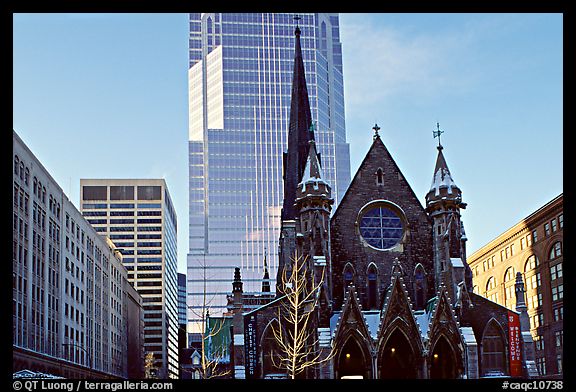 Church and modern buildings, Montreal. Quebec, Canada
