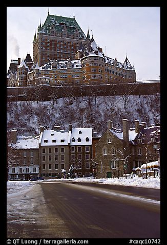 Chateau Frontenac on an overcast winter day, Quebec City. Quebec, Canada