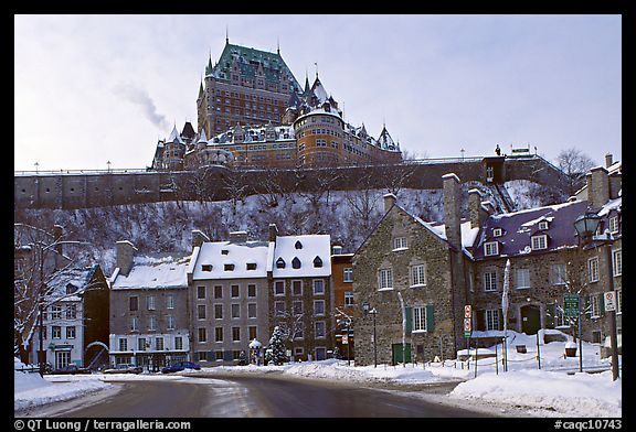 Chateau Frontenac on an overcast winter day, Quebec City. Quebec, Canada