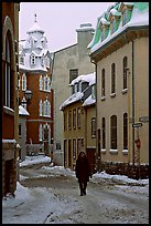 Man walking in a street in winter, Quebec City. Quebec, Canada