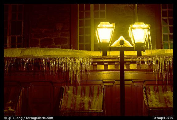 Lamp and icicles at night, Quebec City. Quebec, Canada (color)