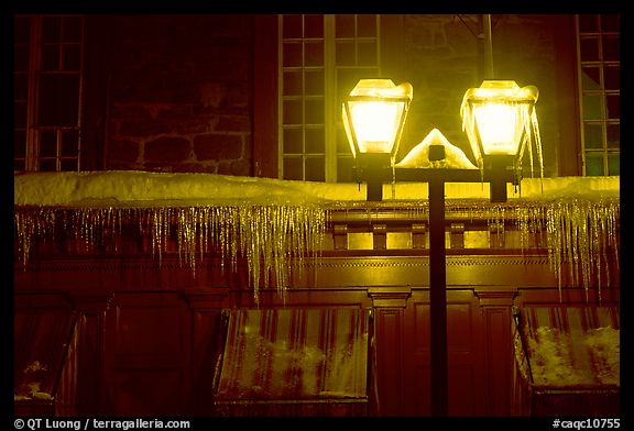 Lamp and icicles at night, Quebec City. Quebec, Canada