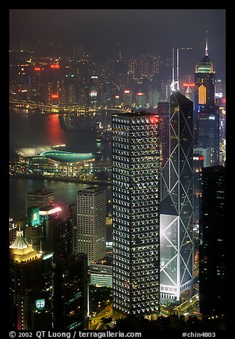 Bank of China (369m) and Cheung Kong Center (290m) buildings  from Victoria Peak by night. Hong-Kong, China