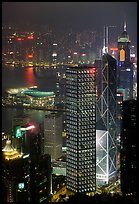 Bank of China (369m) and Cheung Kong Center (290m) buildings  from Victoria Peak by night. Hong-Kong, China (color)