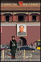 Guard in winter uniform and Mao Zedong picture, Tiananmen Square. Beijing, China (color)