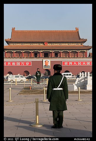 Gate of Heavenly Peace and guards, Tiananmen Square. Beijing, China (color)