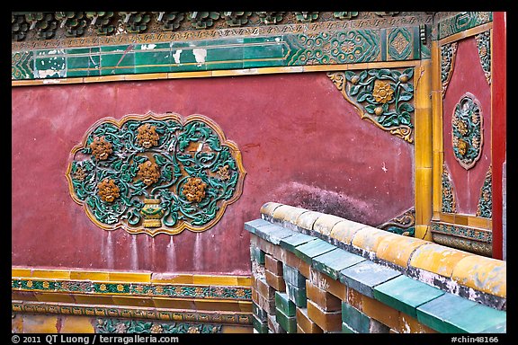 Wall detail with blazed building decoration, Forbidden City. Beijing, China (color)