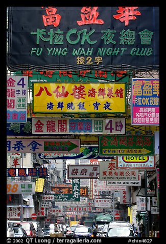 Street filled up with signs in Chinese, Kowloon. Hong-Kong, China (color)