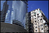 Glass building aside an old building, Kowloon. Hong-Kong, China (color)