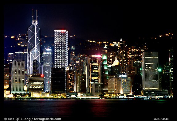 Hong-Kong skycrapers by harbor at night. Hong-Kong, China (color)