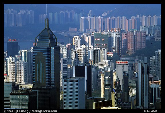 Skycrapers from Victoria Peak, late afternoon, Hong-Kong Island. Hong-Kong, China