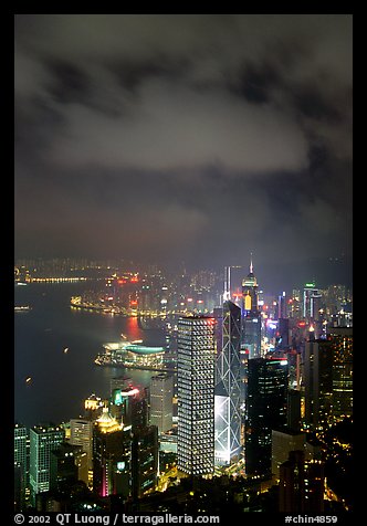 Skycraper Hong-Kong city lights from Victoria Peak at night. Hong-Kong, China