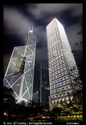Bank of China (369m) and Cheung Kong Center (290m) buildings at night. Hong-Kong, China