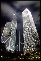 Bank of China (369m) and Cheung Kong Center (290m) buildings at night. Hong-Kong, China