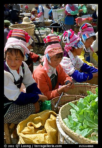 Bai women sell vegetables at the Monday market. Shaping, Yunnan, China