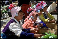 Bai women in tribal dress selling vegetables at the Monday market. Shaping, Yunnan, China ( color)
