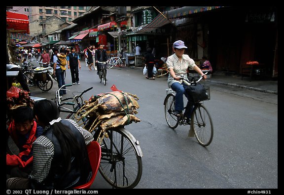 Woman on bicycle in an old backstreet. Kunming, Yunnan, China (color)