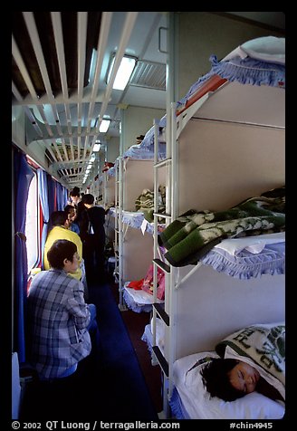 Inside a hard sleeper car train.