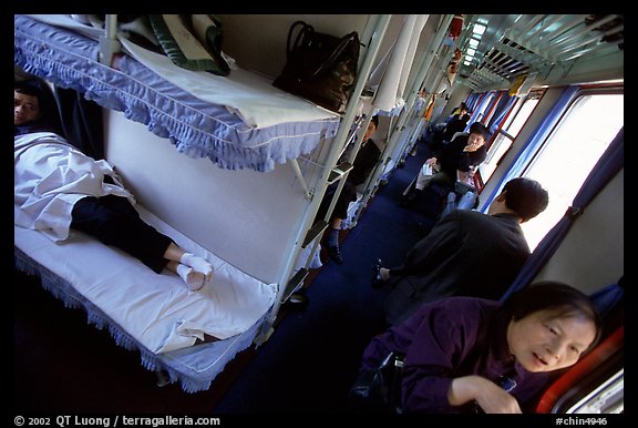 Inside a hard sleeper car train.