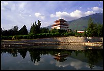 Chong-sheng Si, temple behind the Three Pagodas, reflected in a pond. Dali, Yunnan, China ( color)
