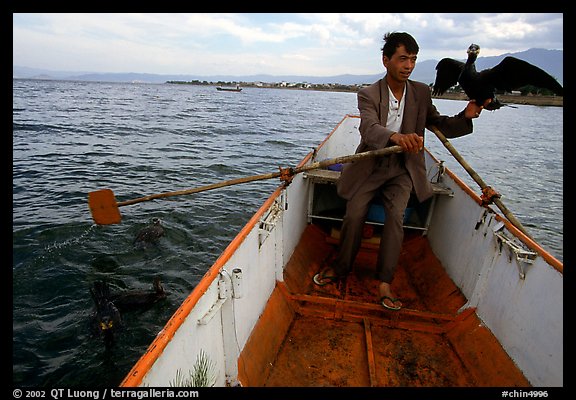 Fisherman holding a cormorant. Dali, Yunnan, China (color)