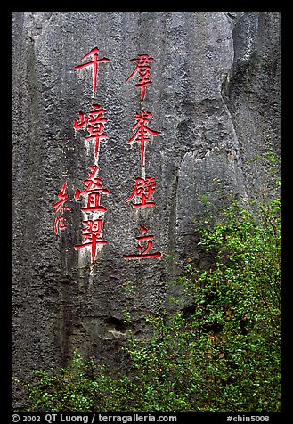 Inscription in Chinese on a limestone wall. Shilin, Yunnan, China