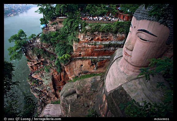 Da Fo (Grand Buddha) with staircase in cliffside and river in the background. Leshan, Sichuan, China (color)