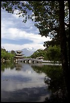 Pavillon reflected in the Black Dragon Pool, with Jade Dragon Snow Mountains in the background. Lijiang, Yunnan, China (color)