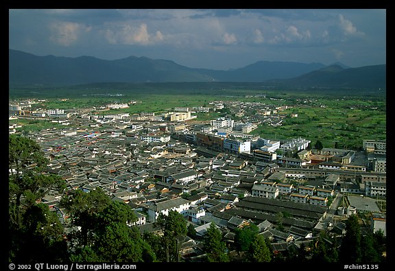 Old town, new town, and surrounding fields seen from Wangu tower. Lijiang, Yunnan, China