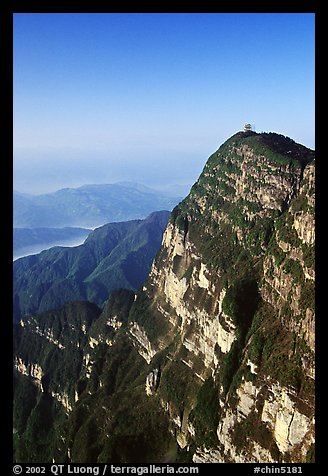 Wanfo Ding  temple perched on a precipituous cliff. Emei Shan, Sichuan, China (color)