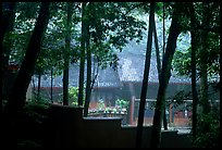 Bailongdong temple seen through trees. Emei Shan, Sichuan, China (color)