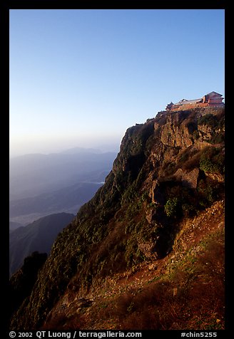 Sunrise on Jinding Si (Golden Summit), perched on a steep cliff. Emei Shan, Sichuan, China (color)