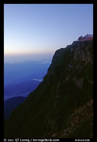 Sunset on Jinding Si (Golden Summit), perched on a steep cliff. Emei Shan, Sichuan, China (color)