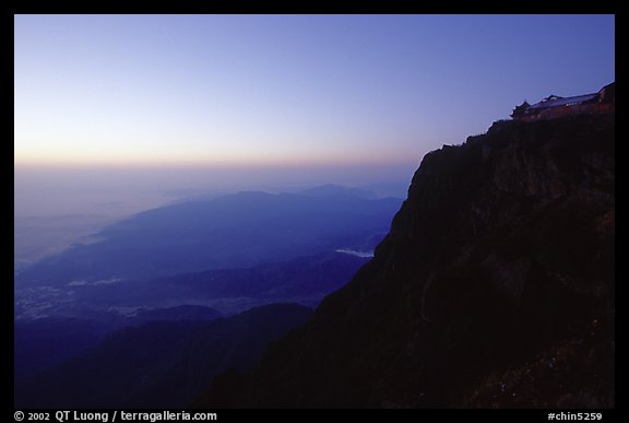 Sunset on Jinding Si (Golden Summit), perched on a steep cliff. Emei Shan, Sichuan, China