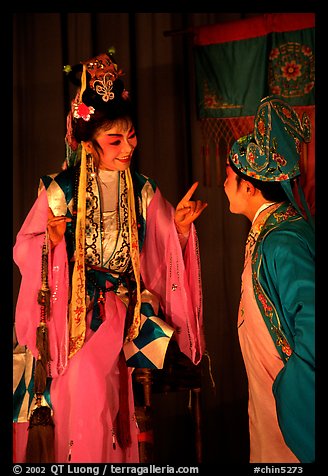 Two characters of Sichua opera on stage. Chengdu, Sichuan, China