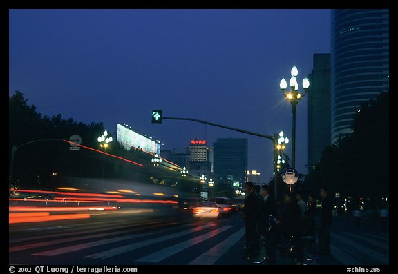 Lights of the trafic in a large avenue. Chengdu, Sichuan, China