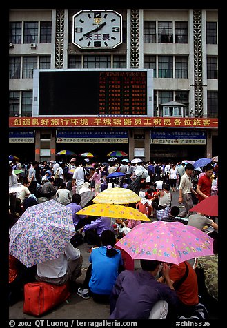 Crowds waiting outside the main train station. Guangzhou, Guangdong, China