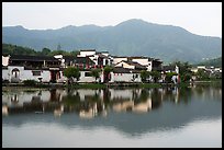 Hongcun village and mountains reflected in South Lake. Hongcun Village, Anhui, China