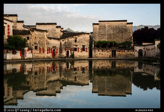 Houses reflected in Moon Pond. Hongcun Village, Anhui, China (color)
