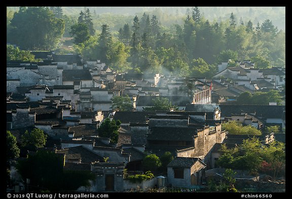 Village from above with morning mist. Xidi Village, Anhui, China (color)