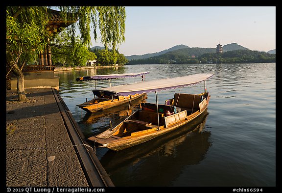 Boats and Leifeng Pagoda, West Lake. Hangzhou, China (color)