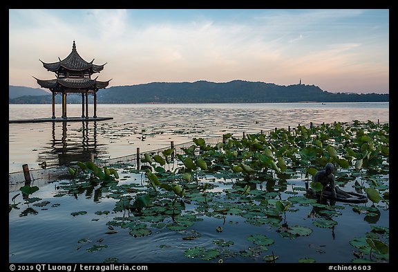 Jixianting and mermaid at sunrise, West Lake. Hangzhou, China
