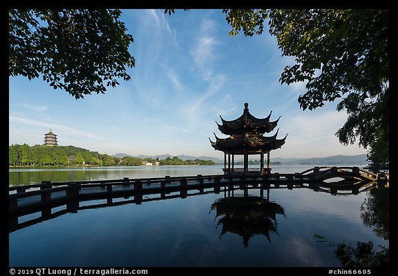 Long Bridge, pavilion, and Leifeng Pagoda, West Lake. Hangzhou, China (color)