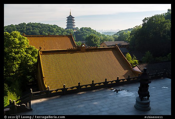 Roofs of Jingci Temple and Leifeng Pagoda. Hangzhou, China