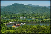 Hills, West Lake and causeway from above. Hangzhou, China