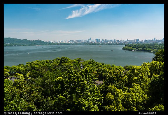 West Lake from Leifeng Pagoda with city skyline. Hangzhou, China (color)