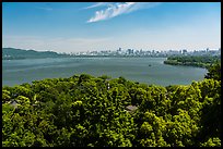 West Lake from Leifeng Pagoda with city skyline. Hangzhou, China