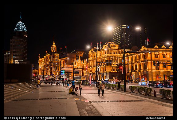 Bund Colonial buildings illuminated at night. Shanghai, China (color)