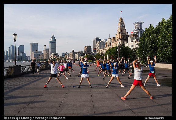 Morning group exercise on the Bund. Shanghai, China (color)