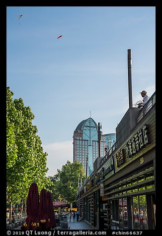 Stores on the Bund, with kites. Shanghai, China (color)